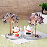 Solar Powered Lucky Cat, Crystal Gemstone Tree Base, Waving Maneki Neko, Handmade Wealth Tree Desktop Decor Office - Image 5