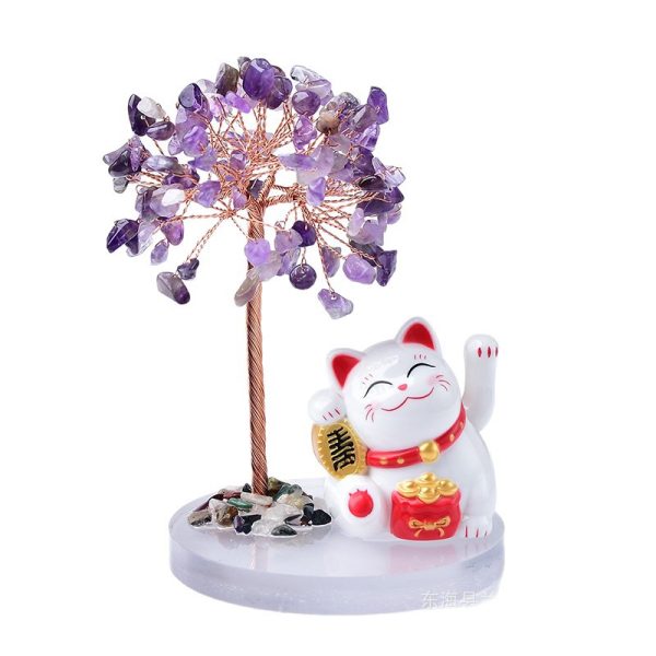 Solar Powered Lucky Cat, Crystal Gemstone Tree Base, Waving Maneki Neko, Handmade Wealth Tree Desktop Decor Office