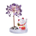 Solar Powered Lucky Cat, Crystal Gemstone Tree Base, Waving Maneki Neko, Handmade Wealth Tree Desktop Decor Office - Image 6
